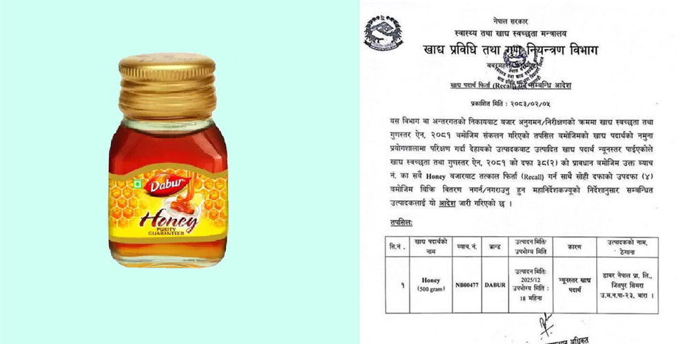 डाबर नेपालको मह अखाद्य, बजारबाट फिर्ता लिन निर्देशन